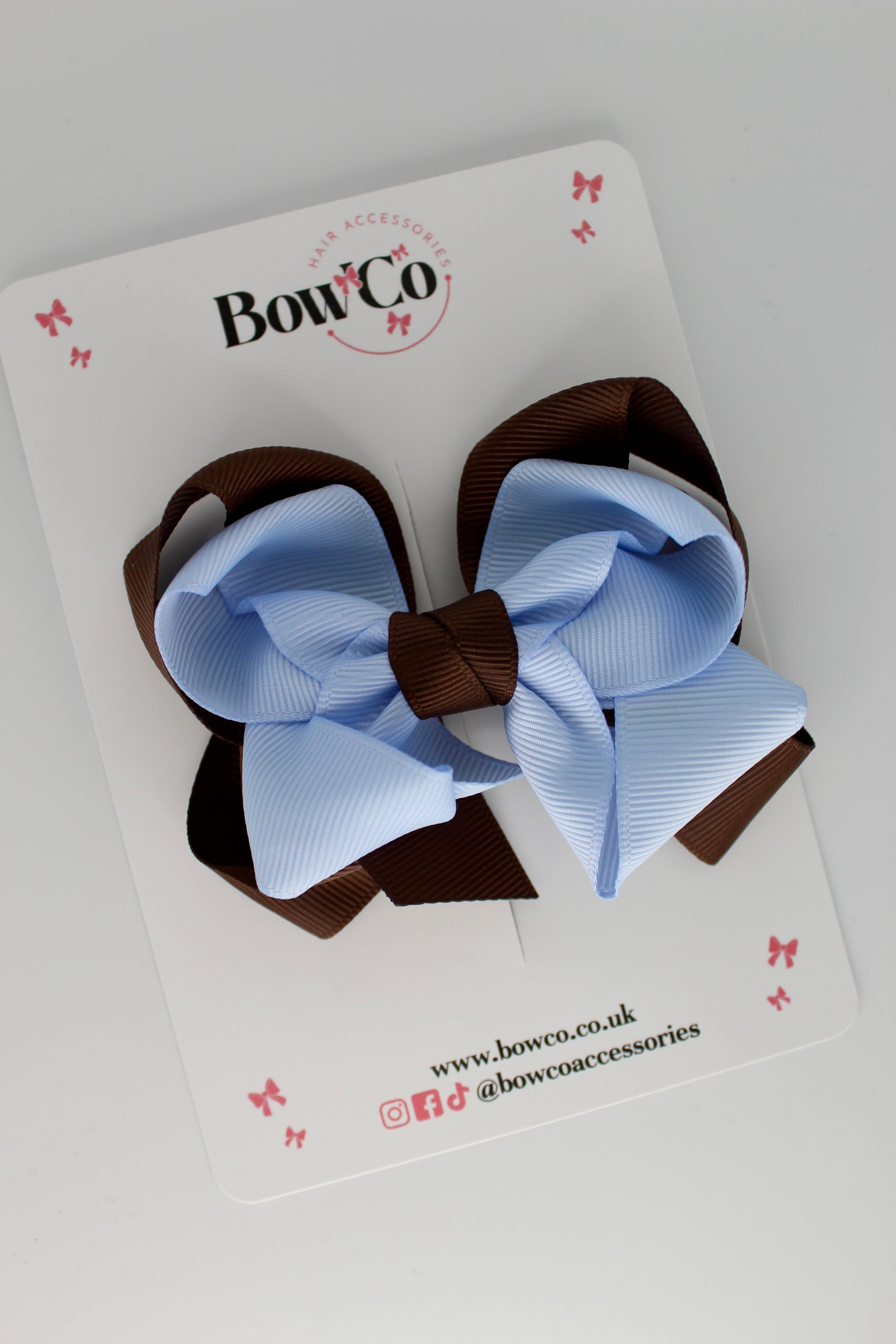 Double Loop School Hair Bow - Clip - Brown and Bluebell