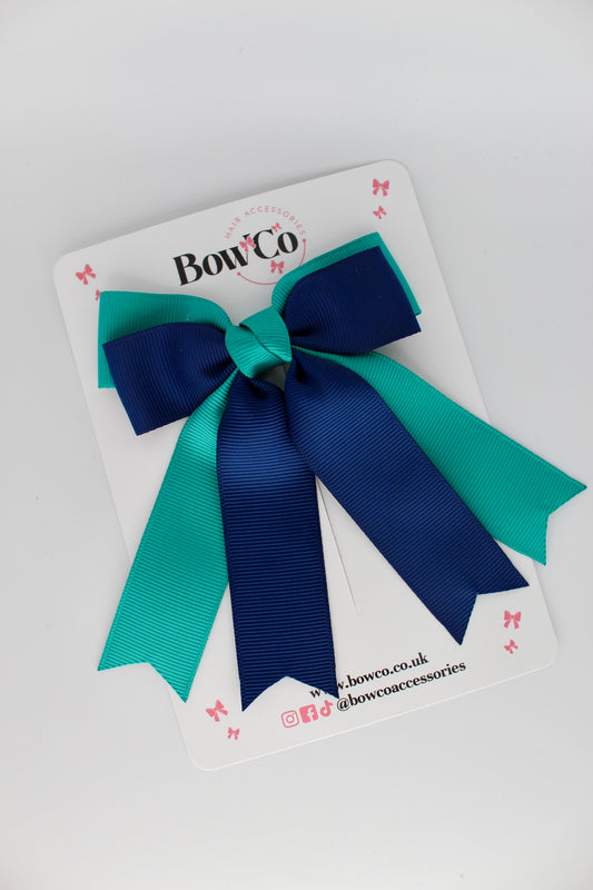 Double Ribbon Tail School Hair Bow – Clip - Jade Green and Navy Blue