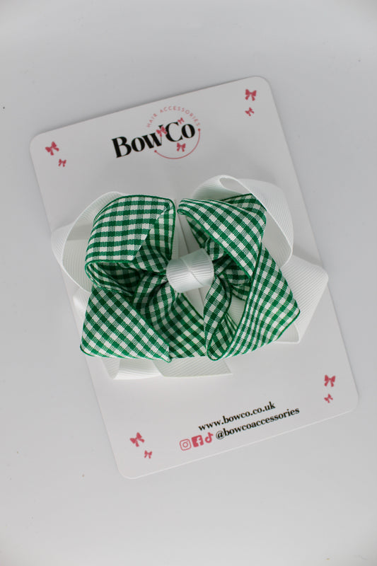 Double Loop Bow - Green Gingham - Clip