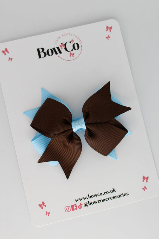 3 Inch Layer Tail Bow - Clip - Blue Topaz and Brown