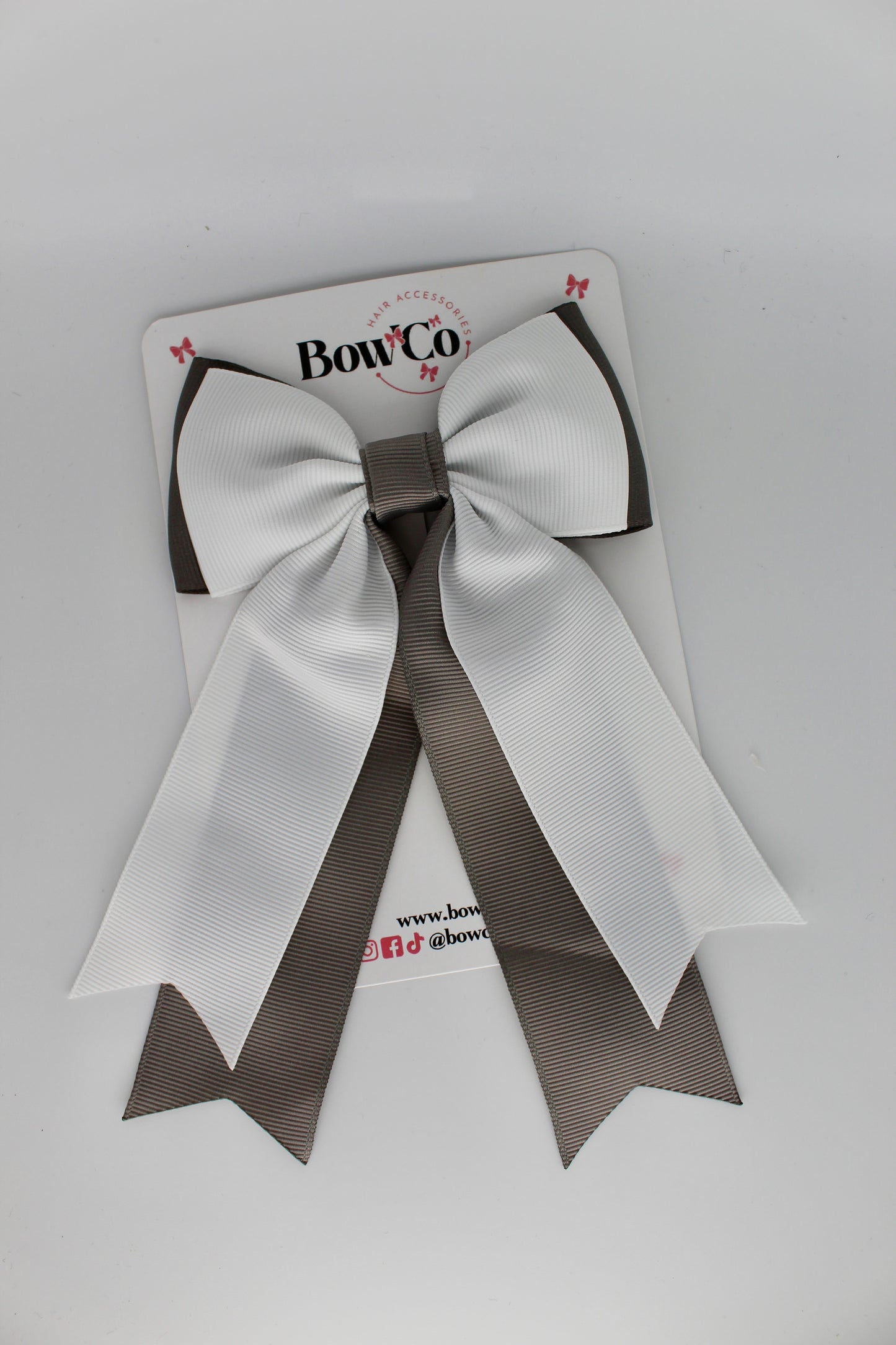 Classic Tail Bow - Clip - Metal Grey and White