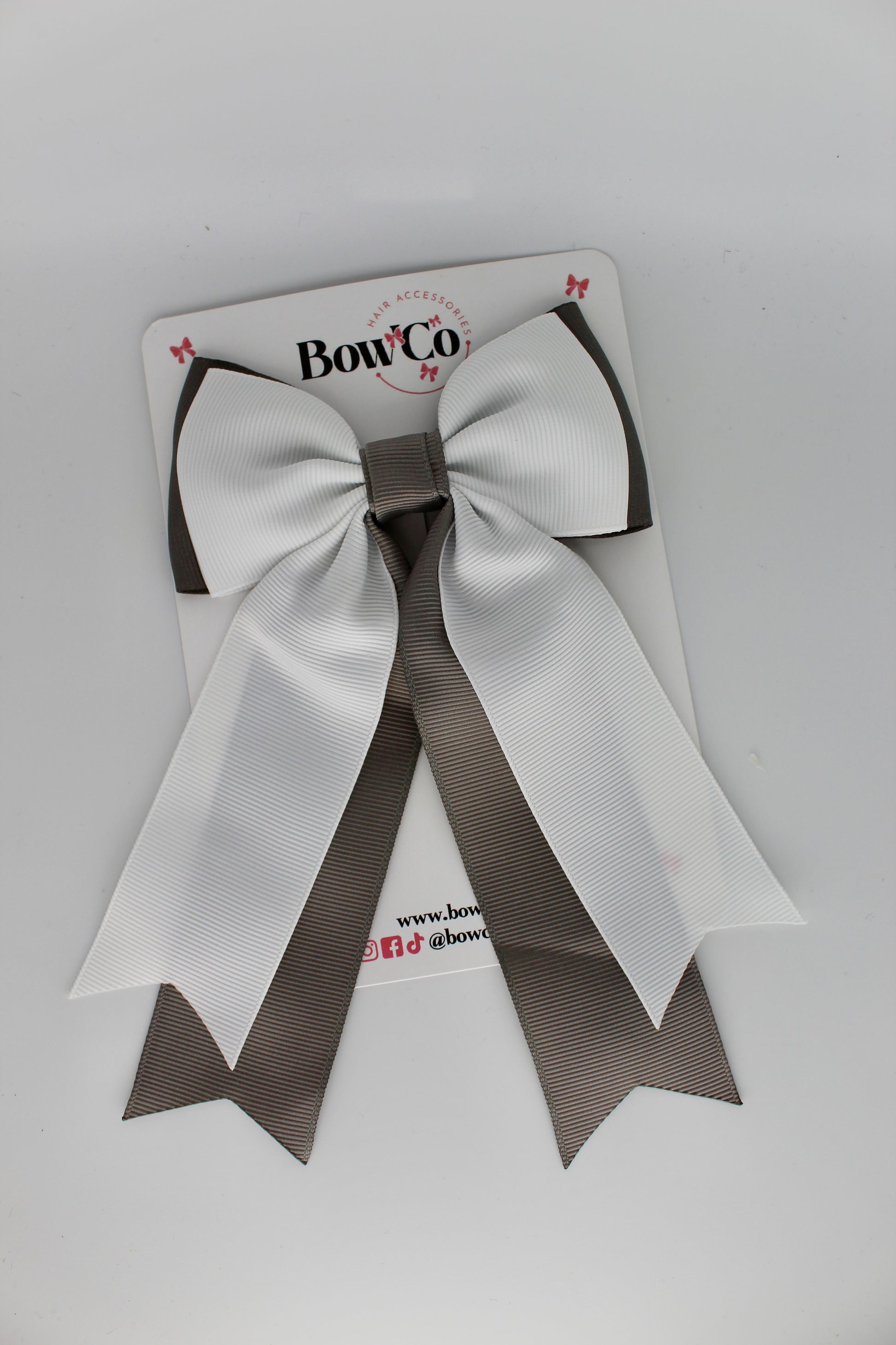 Classic Tail Bow - Clip - Metal Grey and White
