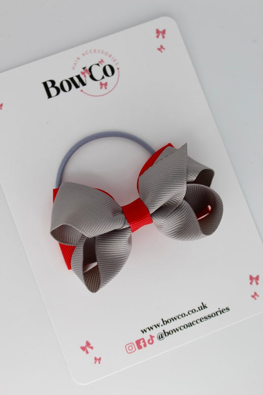 Red and Metal Grey - Ruffle Bow - Elastic