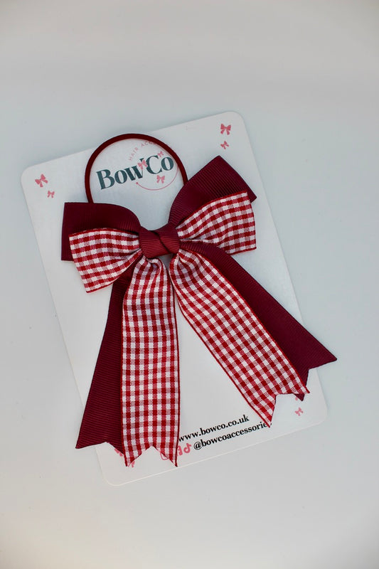 Double Ribbon Tail Bow - School Bow Burgundy Gingham - Elastic