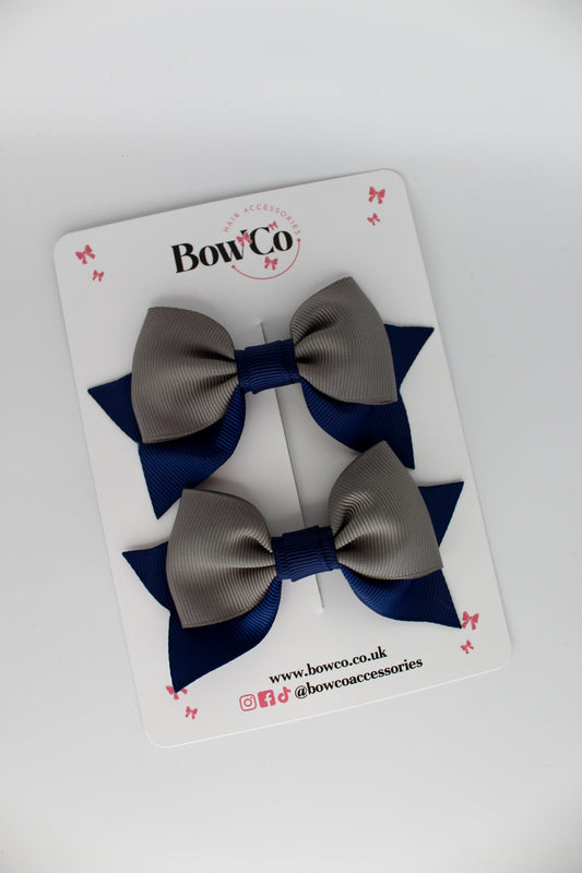 Double Knot Bow Tail Set - Clip - Navy Blue and Metal Grey