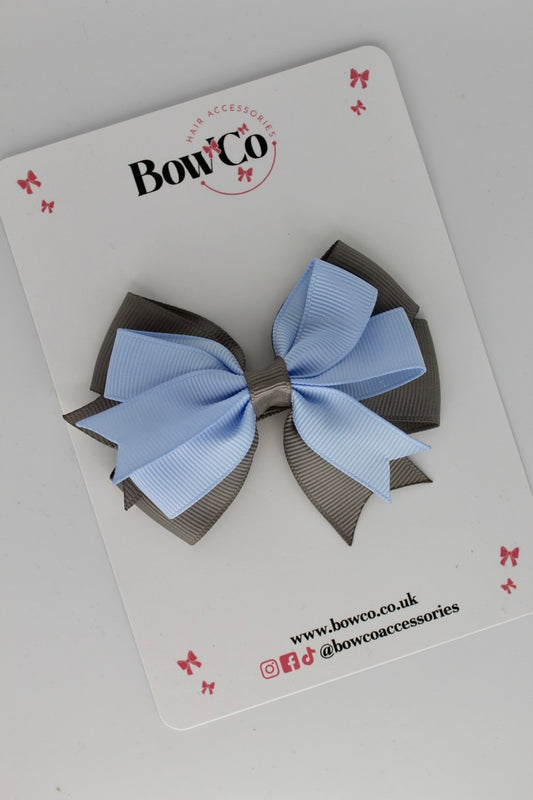 3 Inch Double Tail Bow - Clip - Bluebell and Metal Grey