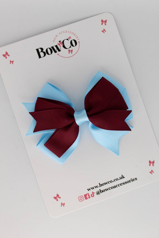 Double Tail Bow Set - Clip - Burgundy and Blue Topaz