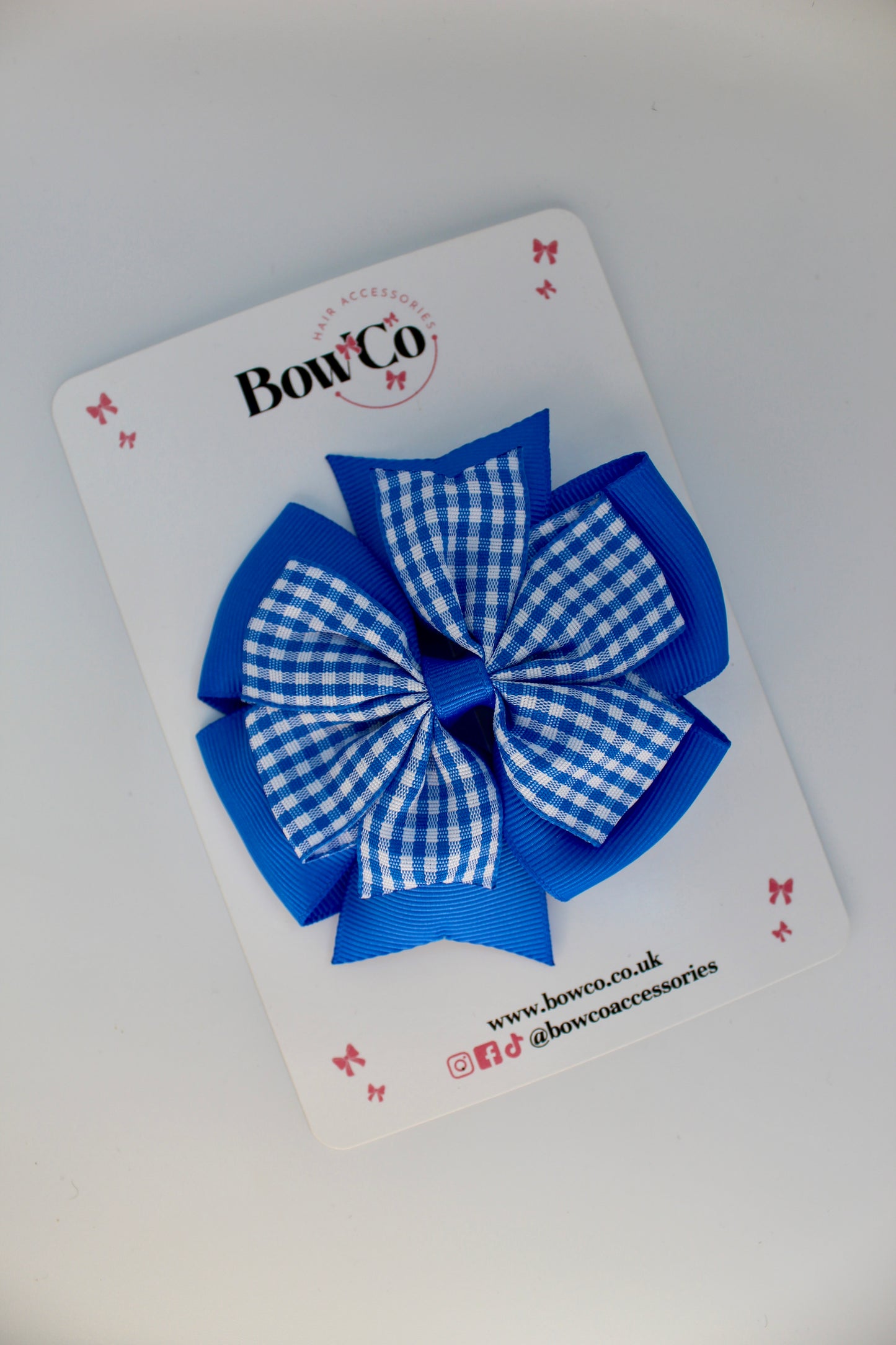 School Royal Blue Gingham Pinwheel Bow Clip