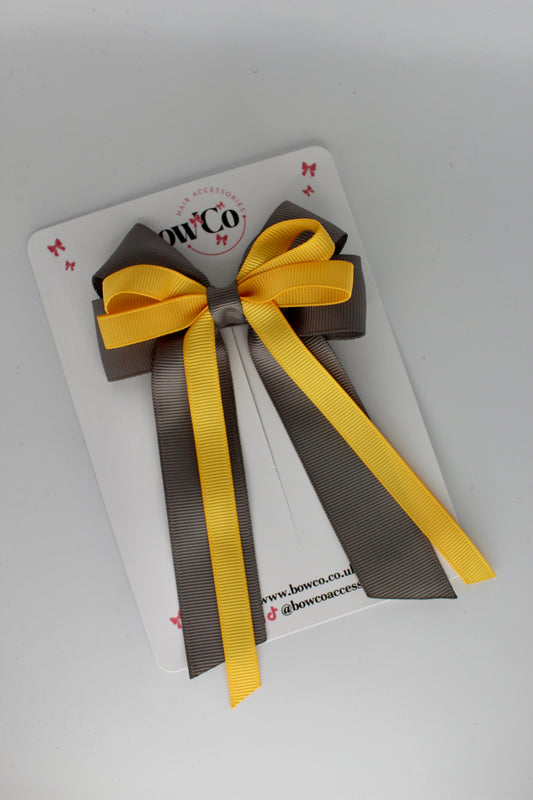 4 Inch Loop Bow Clip PonyTail - Metal Grey and Yellow Gold