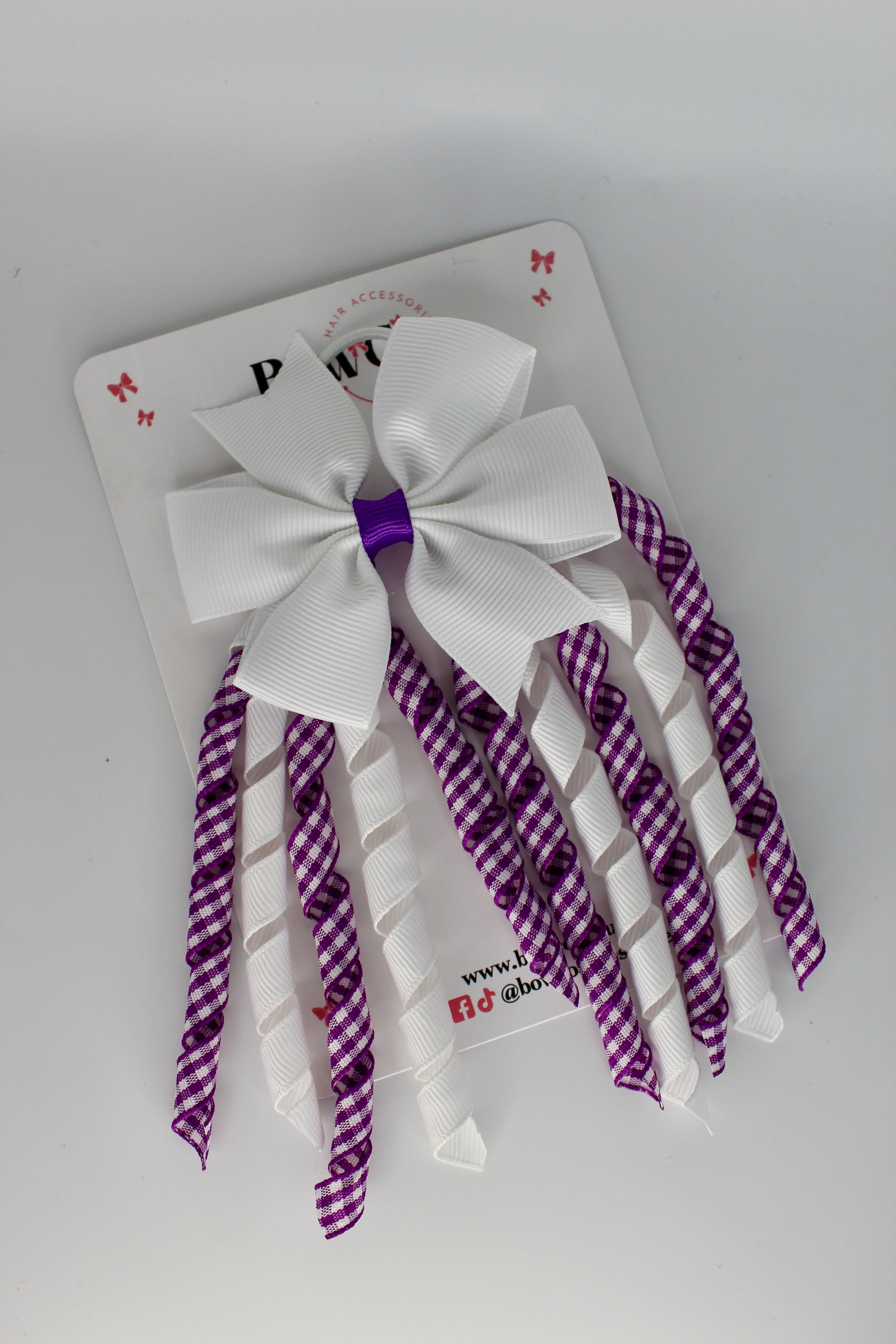 School Bow Purple and White Gingham Pinwheel Corker Bow - Elastic