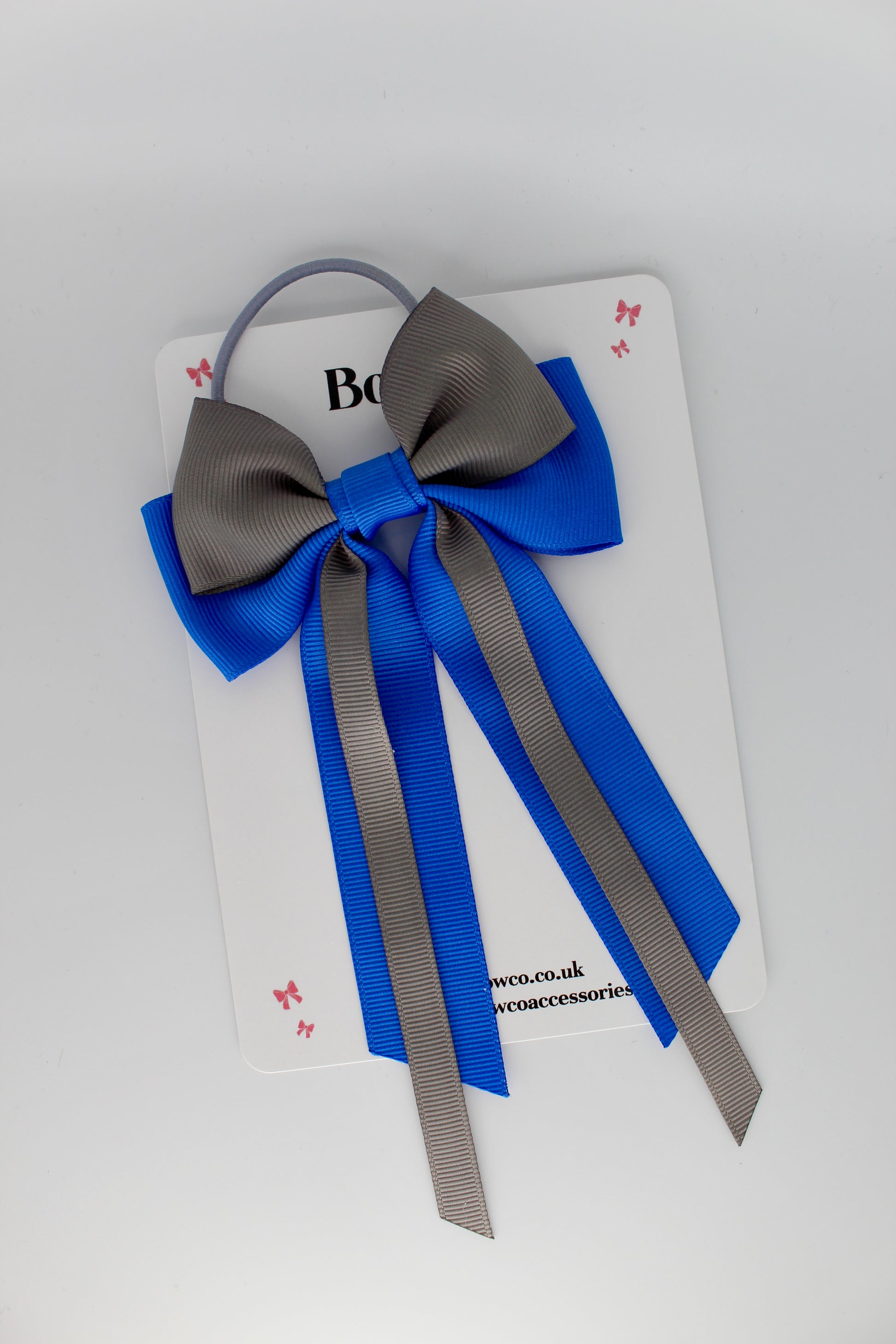 Streamer Tail School Hair Bow – Elastic - Royal Blue and Metal Grey