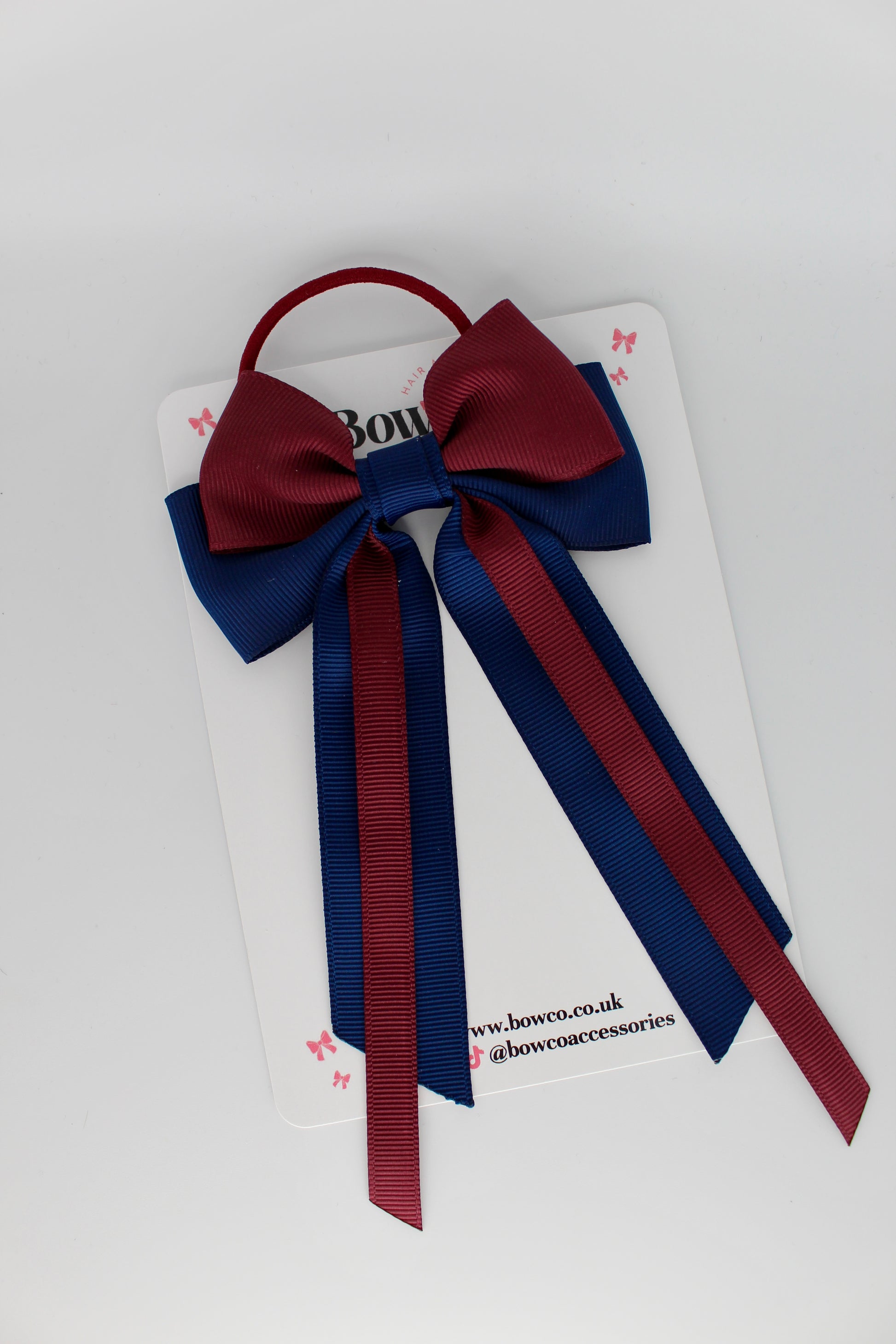 Streamer Tail School Hair Bow – Elastic - Navy Blue and Burgundy