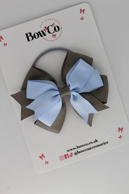3 Inch Double Tail Bow - Elastic - Bluebell and Metal Grey