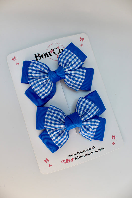 School Royal Blue Gingham Layer Bow Set - Clip