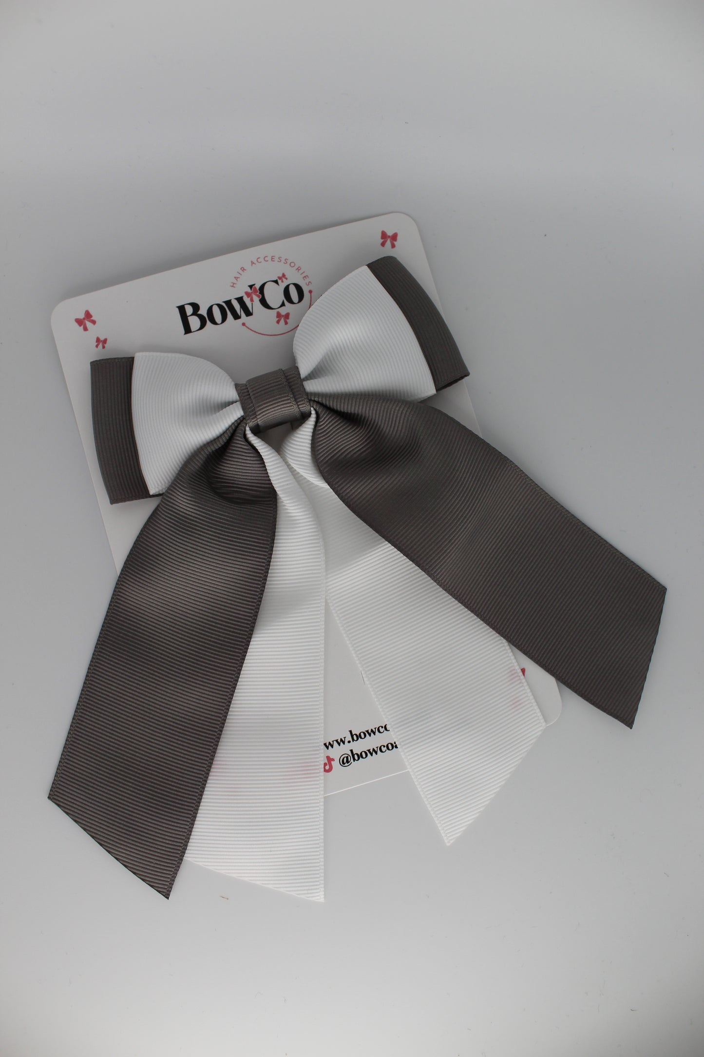 Double Layer Tail Bow - Clip - Metal Grey and White