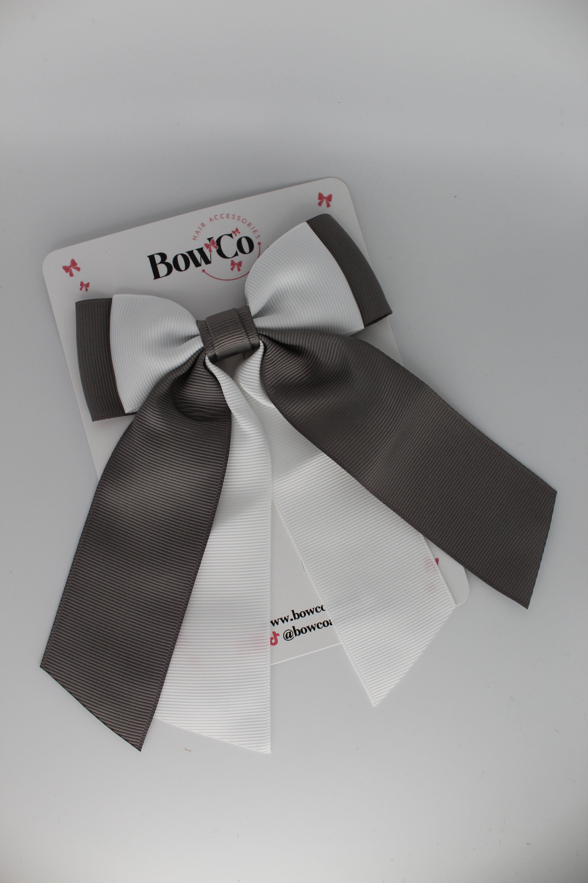Double Layer Tail Bow - Clip - Metal Grey and White