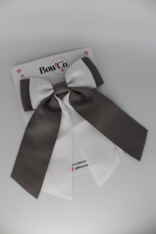 Double Layer Tail Bow - Clip - Metal Grey and White
