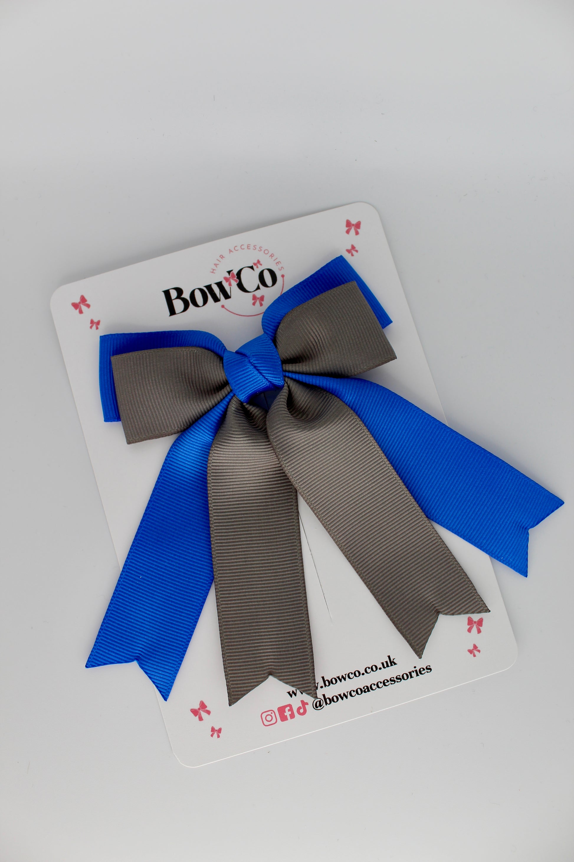 Double Ribbon Tail School Hair Bow – Clip - Royal Blue and Metal Grey
