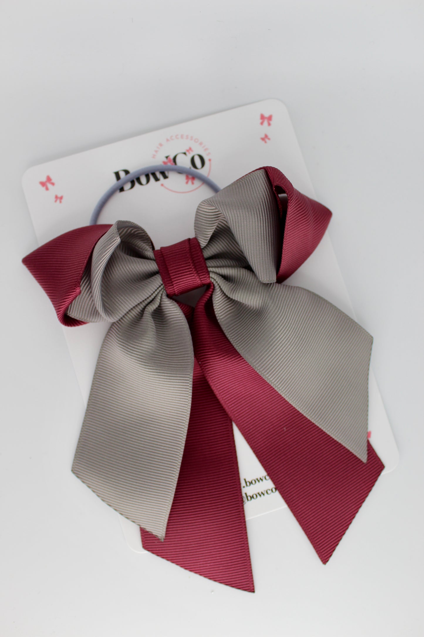 Layer Loop Tail Hair Bow - Elastic - Burgundy and Metal Grey