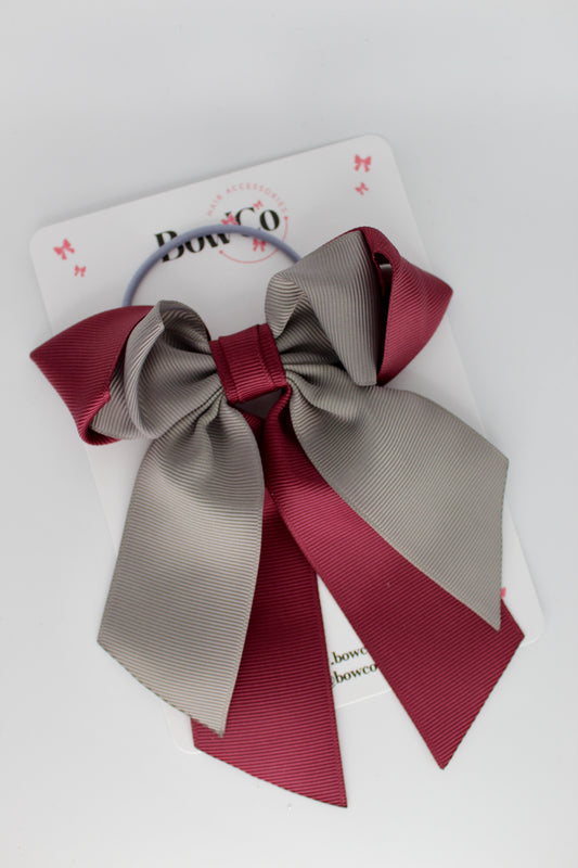 Layer Loop Tail Hair Bow - Elastic - Burgundy and Metal Grey