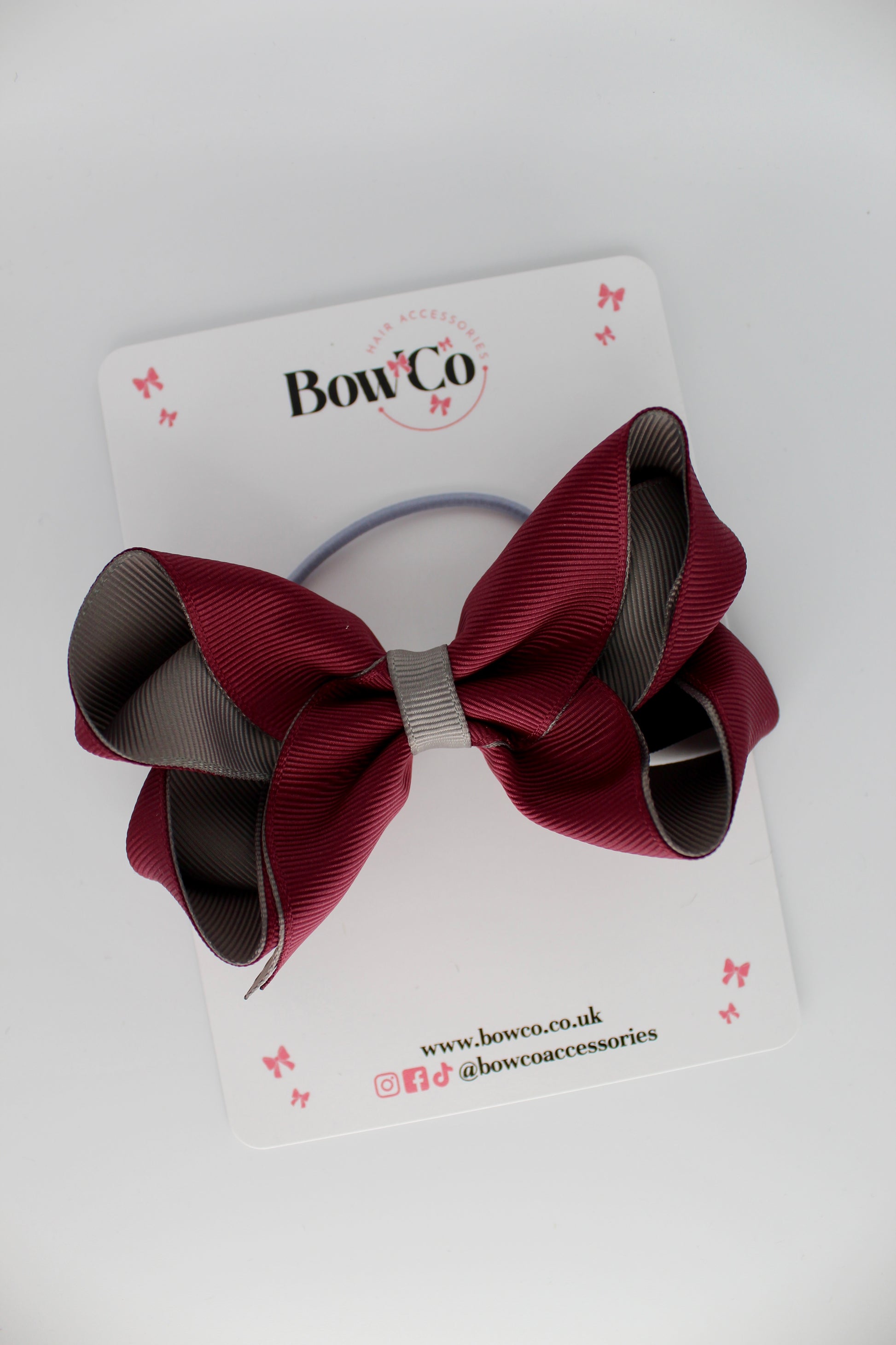 4 Inch Loop Bow - Elastic - Burgundy and Metal Grey