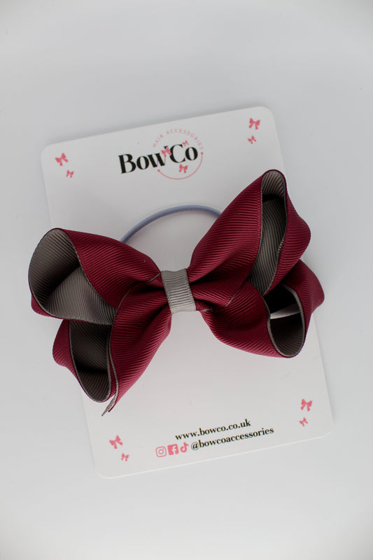 4 Inch Loop Bow - Elastic - Burgundy and Metal Grey