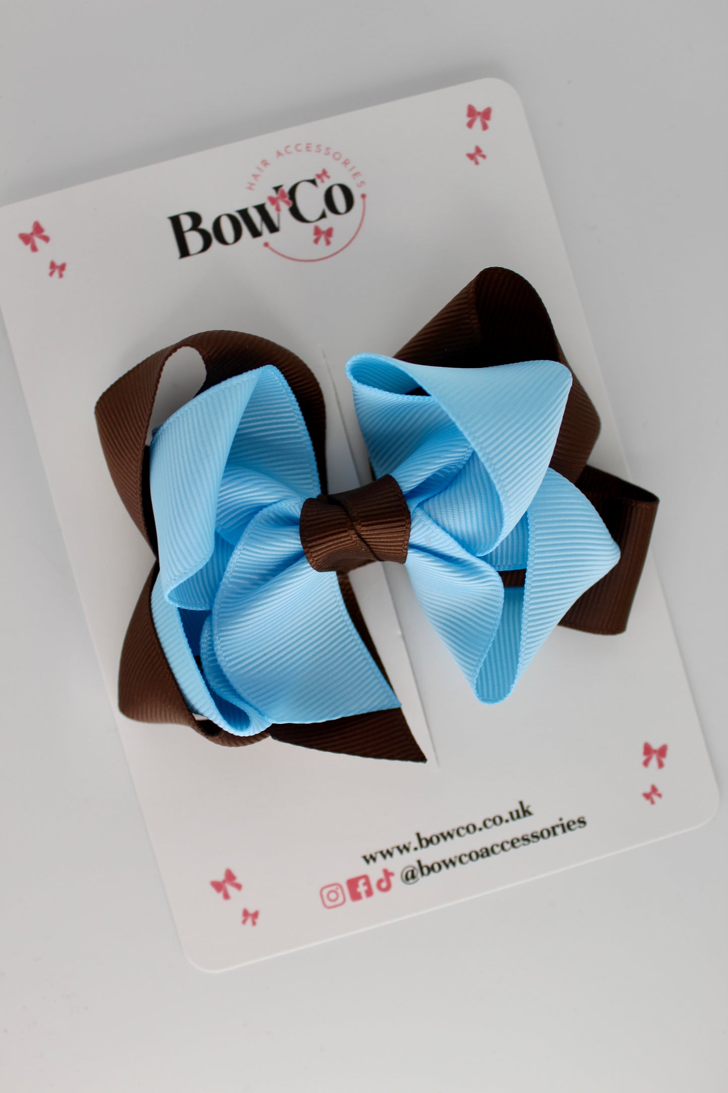 Double Loop School Hair Bow - Clip - Brown and Blue Topaz