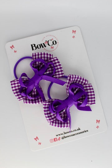 School Bow Purple Gingham Double Bow Set - Elastic