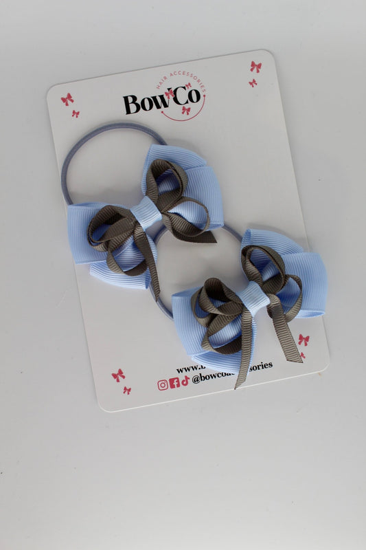 Bluebell and Metal Grey - 2.5 Inch Double Bow Set - Elastic