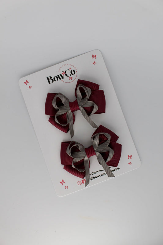 Burgundy and Metal Grey - Double Bow Set - Clip