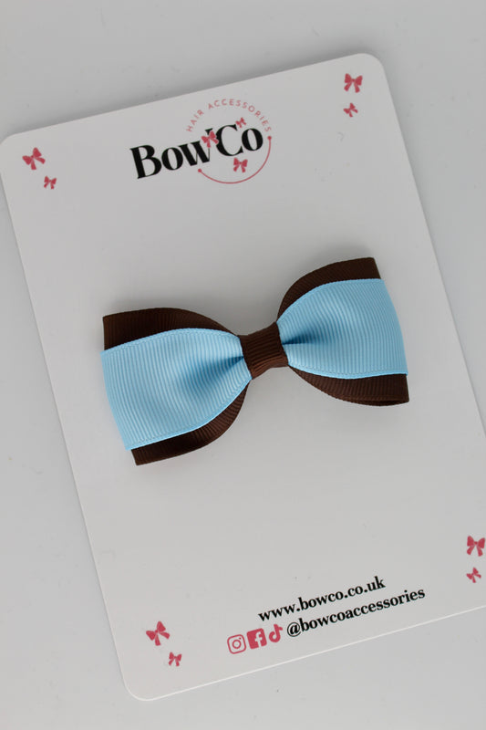 3 Inch Tuxedo Bow - Clip - Blue Topaz and Brown
