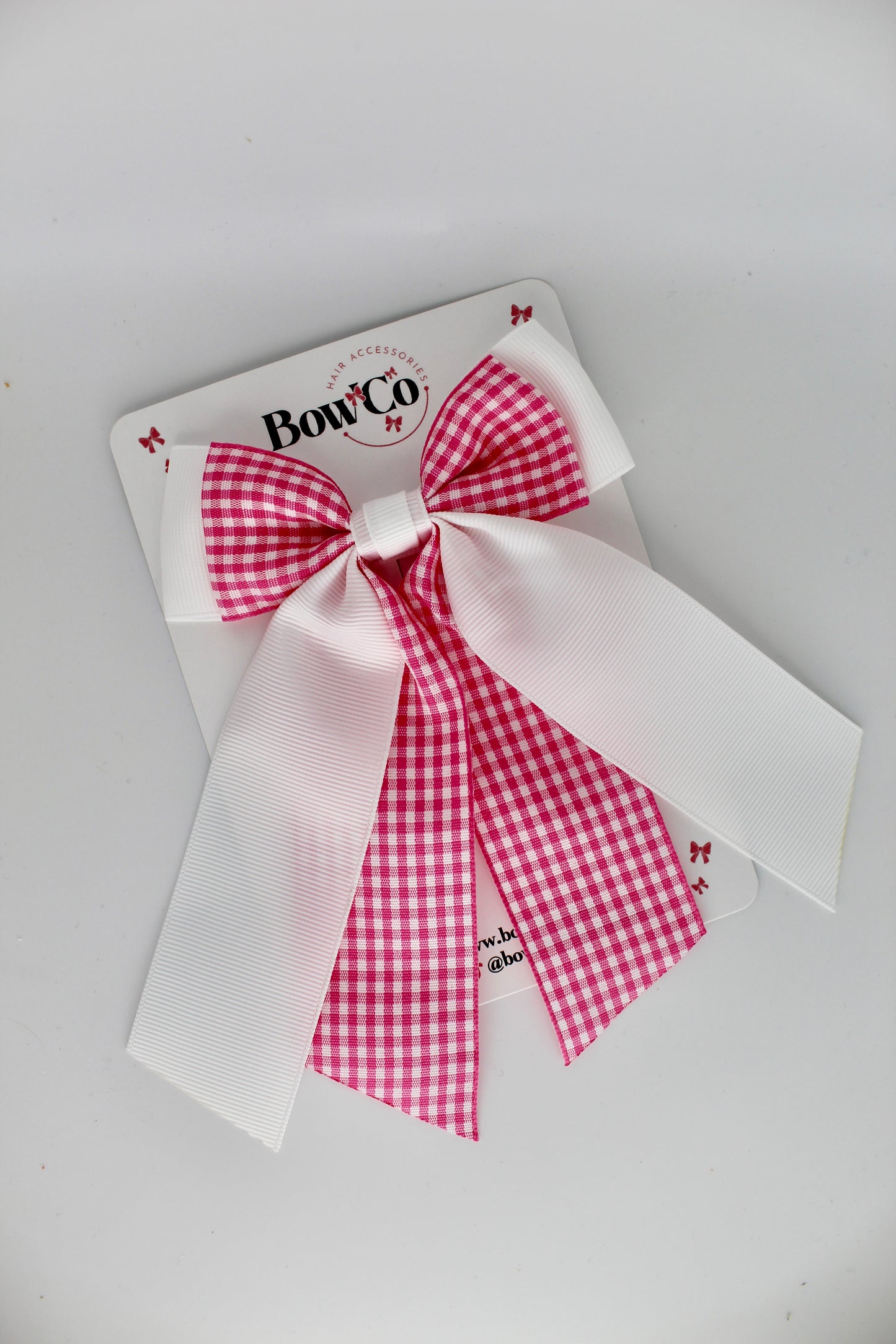 Double Layer Tail Bow - Pink Gingham - Elastic