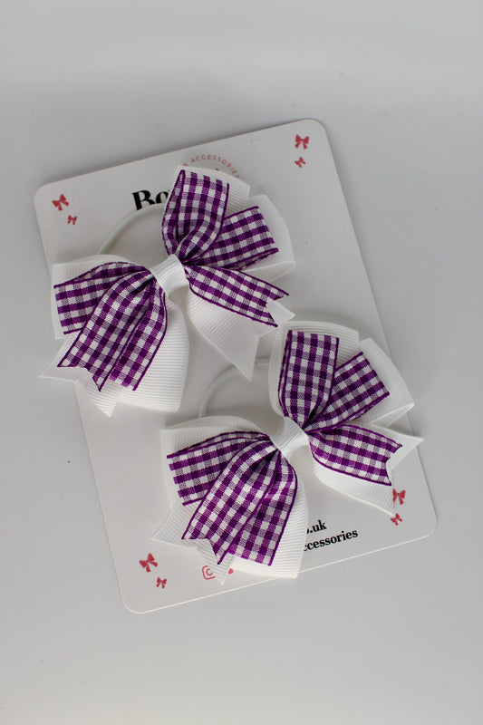 School Purple and White Bow Gingham - Double Tail Bow Set - Elastic