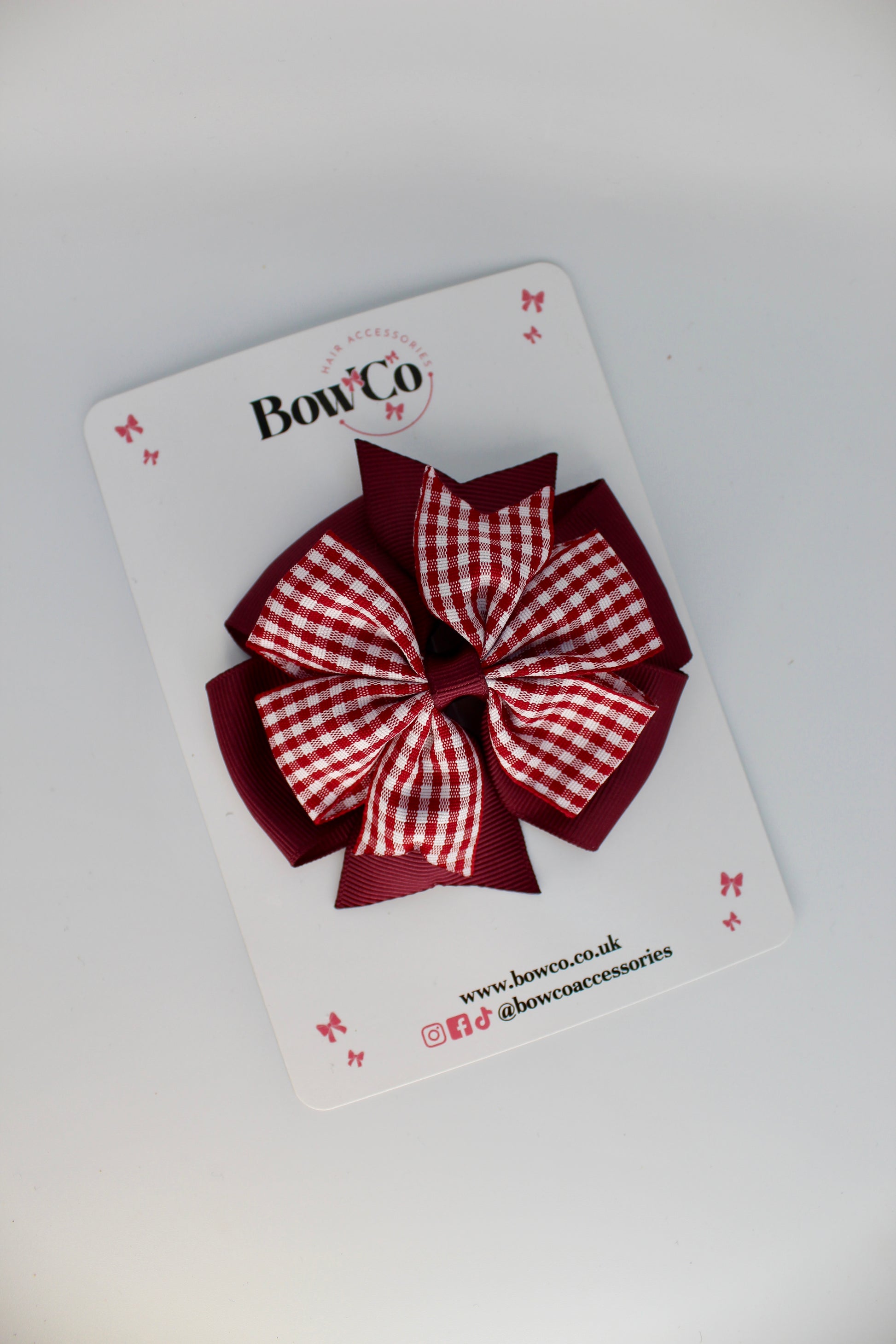 School Burgundy Gingham Pinwheel Bow Clip
