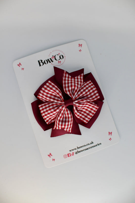 School Burgundy Gingham Pinwheel Bow Clip
