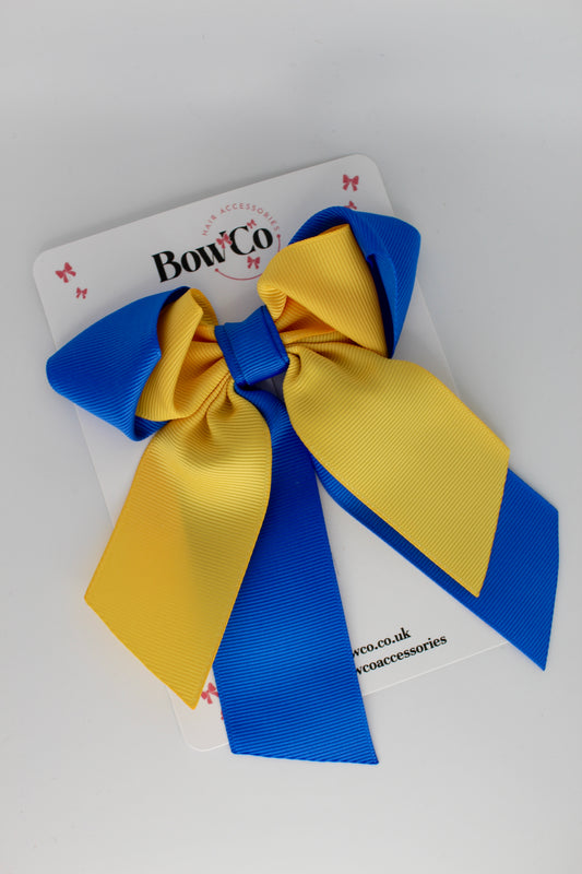 Layer Loop Tail Hair Bow - Clip - Royal Blue and Yellow Gold
