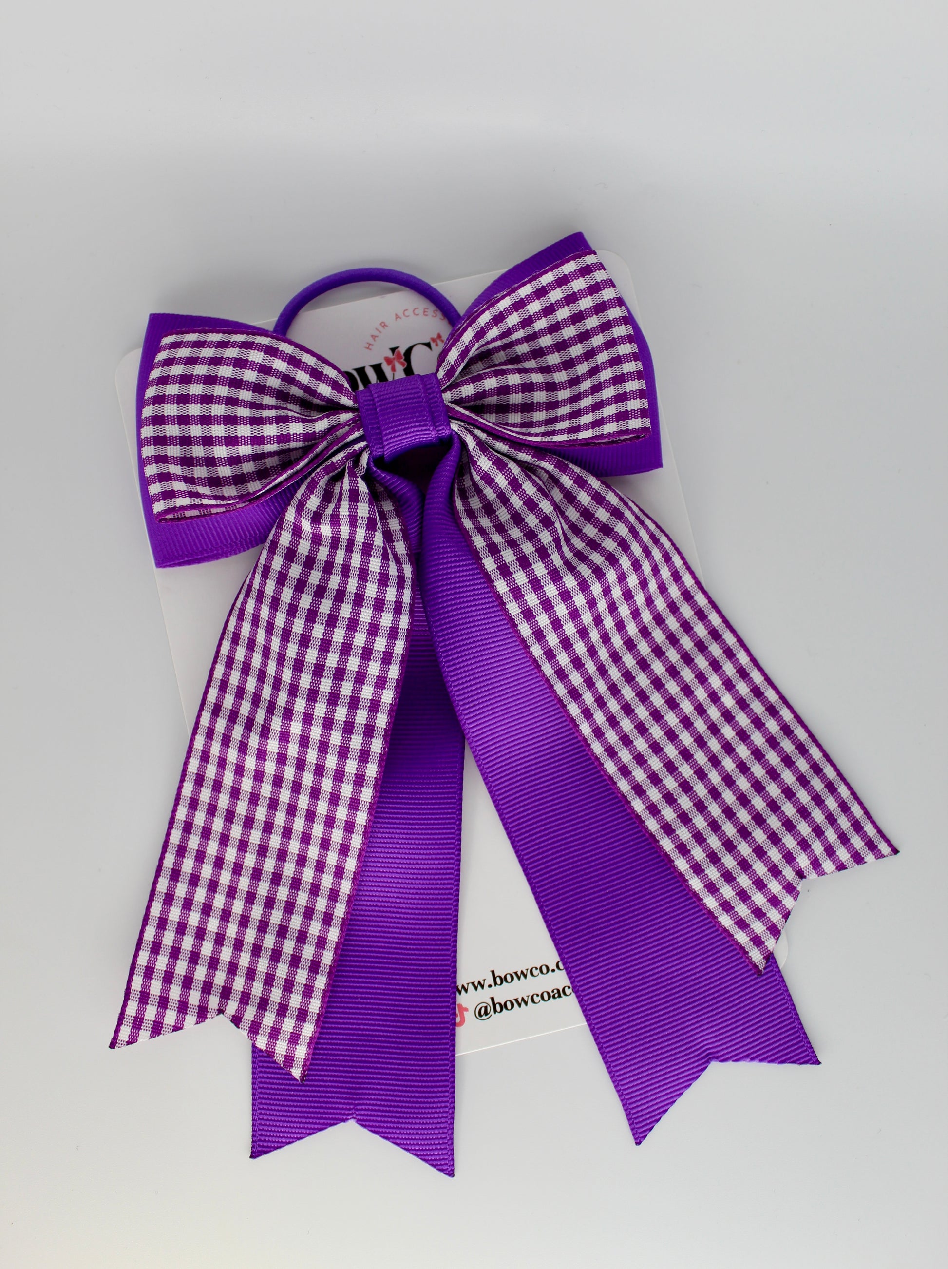 School Bow Purple Gingham Classic Tail Bow - Elastic
