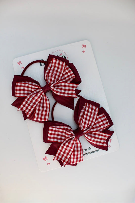 School Burgundy Bow Gingham - Double Tail Bow Set - Elastic