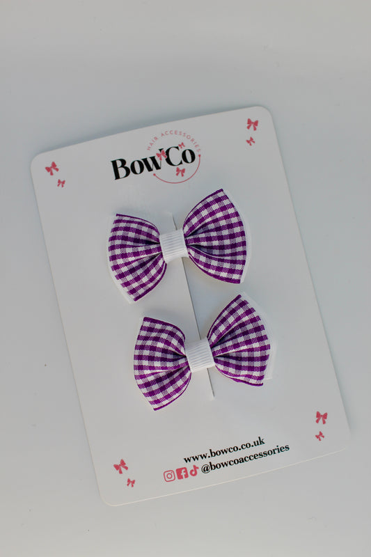 School Purple and White Gingham Double Lapel Bow Set - Clip