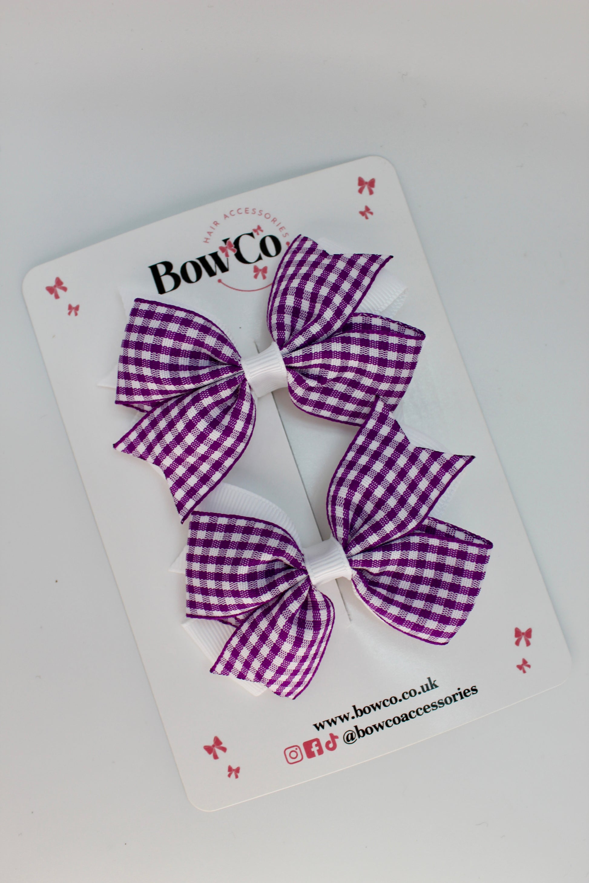 School Purple and White Gingham Layer Tail Bow Set - Clip