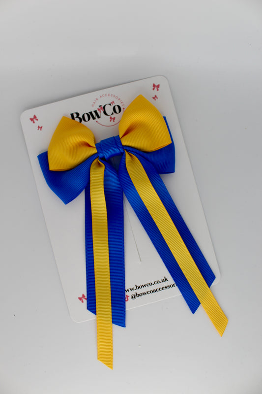 Streamer Tail Bow - Clip - Royal Blue and Yellow Gold
