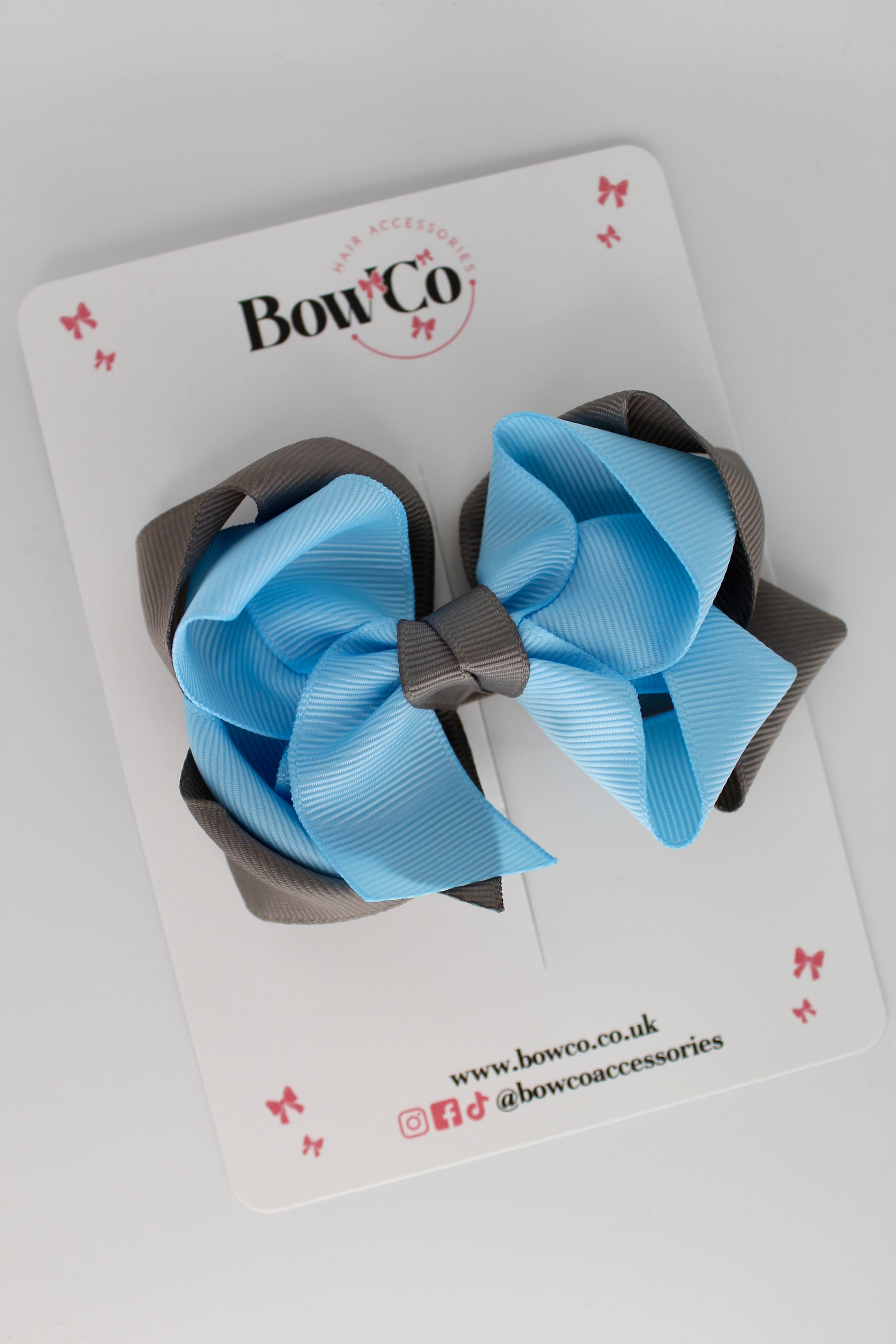 Double Loop School Hair Bow - Clip - Blue Topaz and Metal Grey