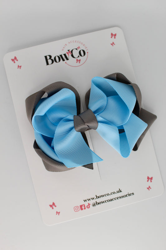 Double Loop School Hair Bow - Clip - Blue Topaz and Metal Grey
