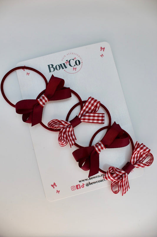 School Ballerina Bow Bundle Set of 4 - Burgundy Gingham - Elastic