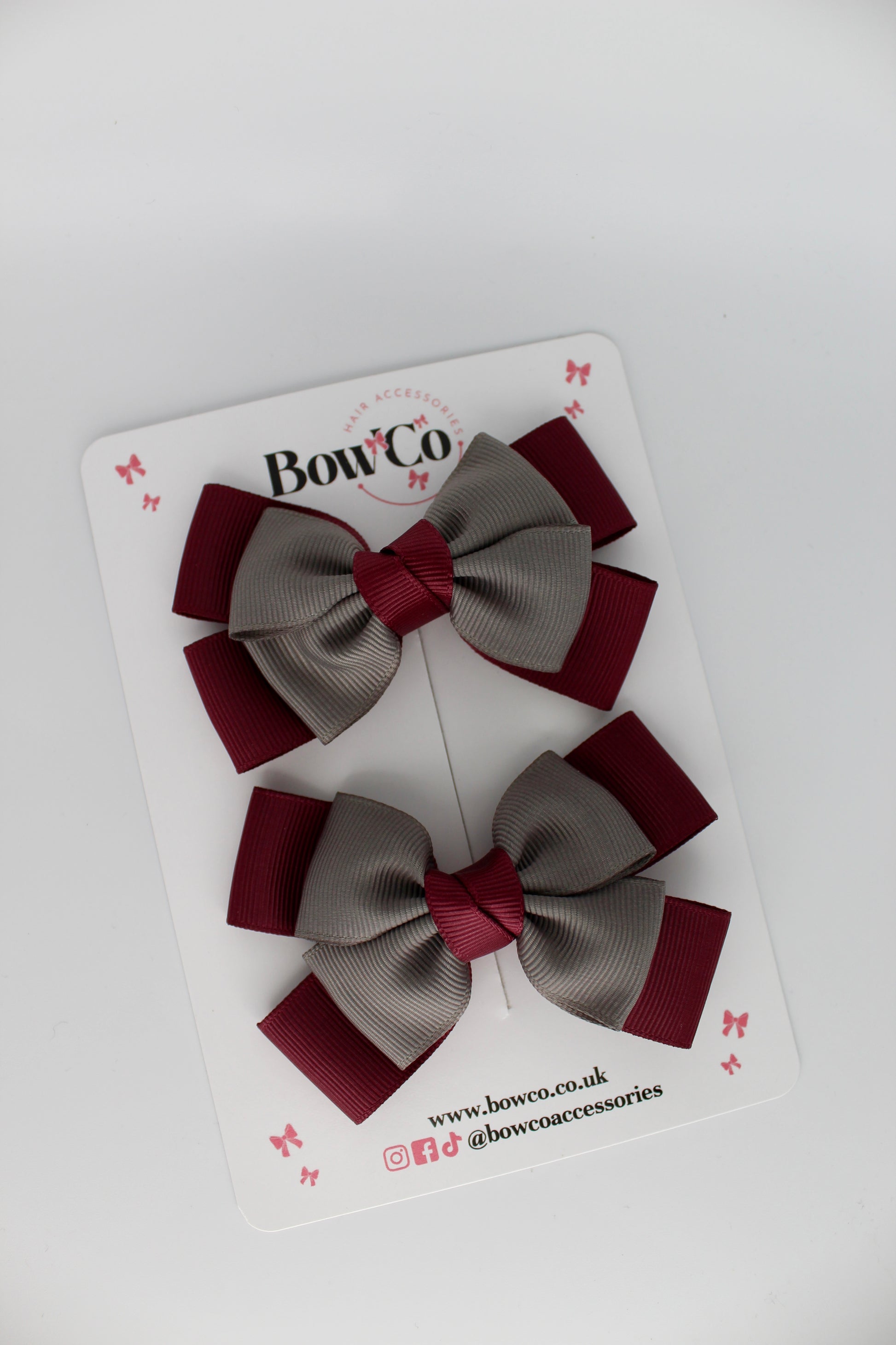 Layer Bow Set - Clip - Burgundy and Metal Grey