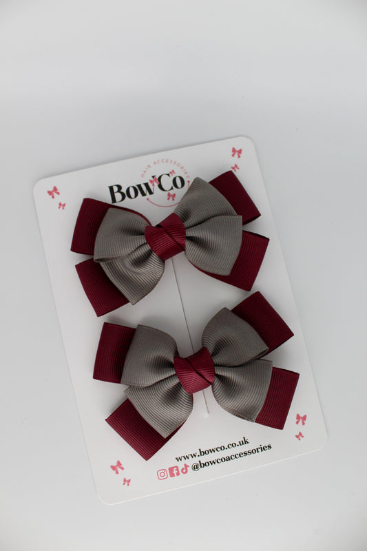 Layer Bow Set - Clip - Burgundy and Metal Grey