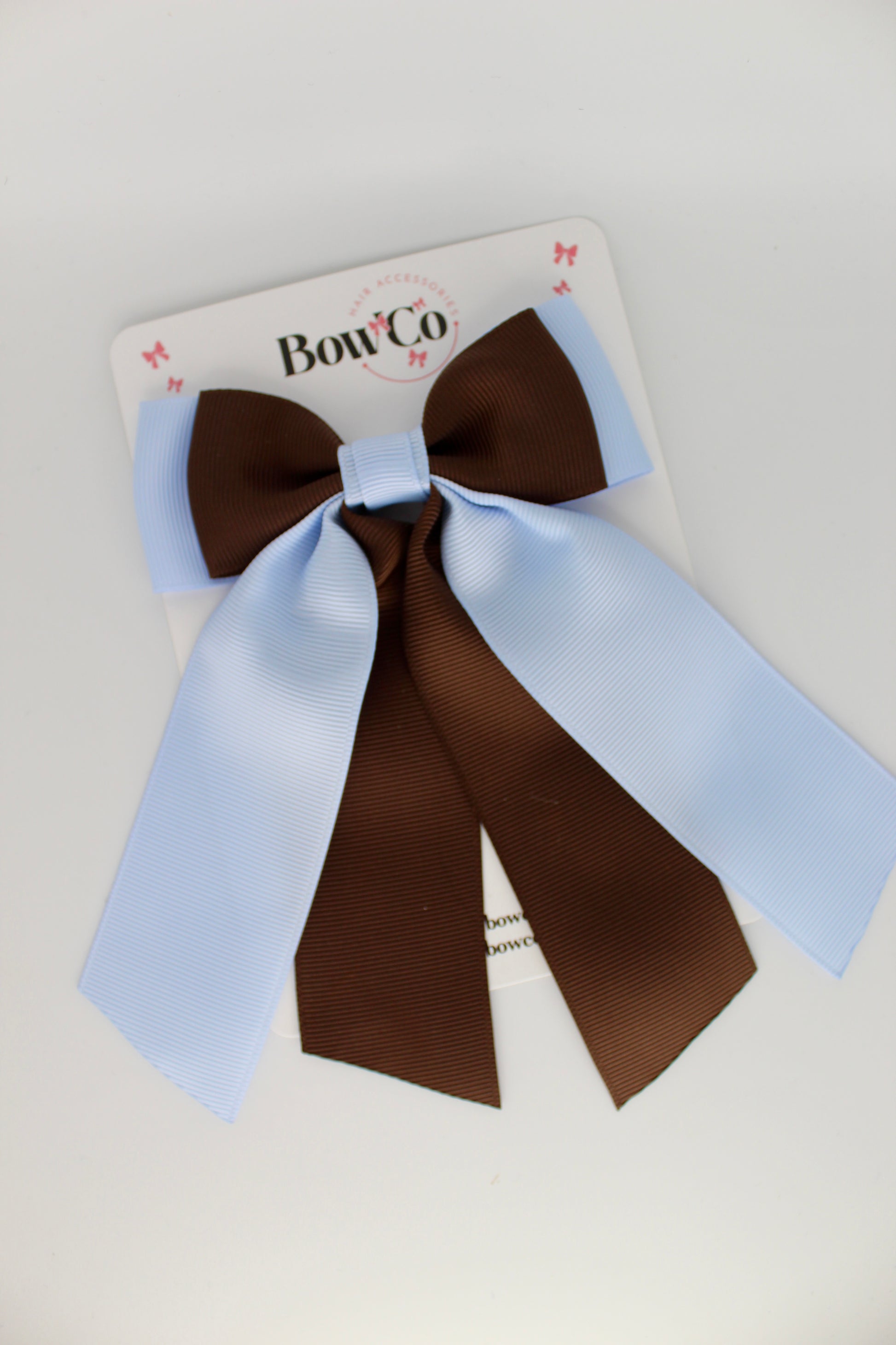 Double Layer Tail Bow - Clip - Bluebell and Brown