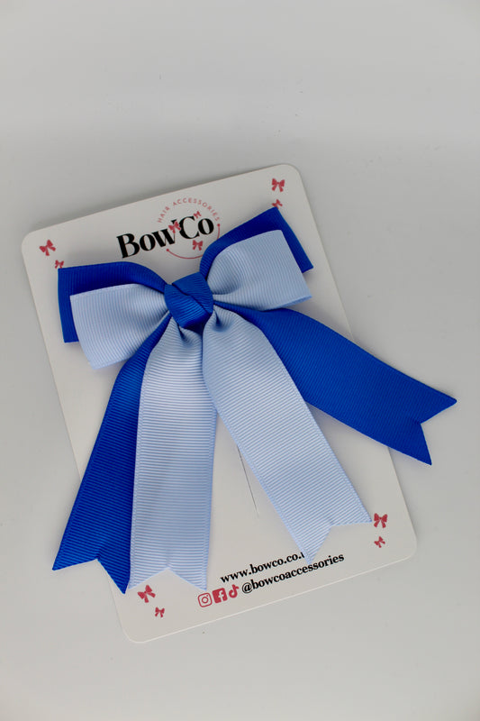 Double Ribbon Tail School Hair Bow – Clip - Royal Blue and Bluebell