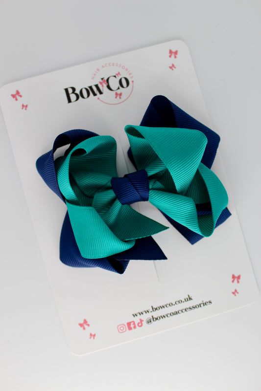 Double Loop School Hair Bow - Clip - Jade Green and Navy Blue