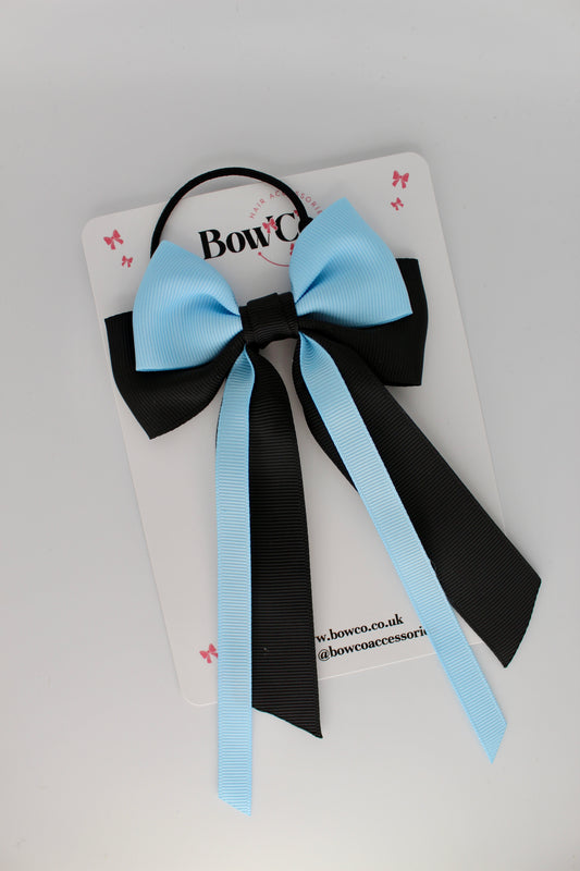 Streamer Tail School Hair Bow – Elastic - Black and Metal Grey